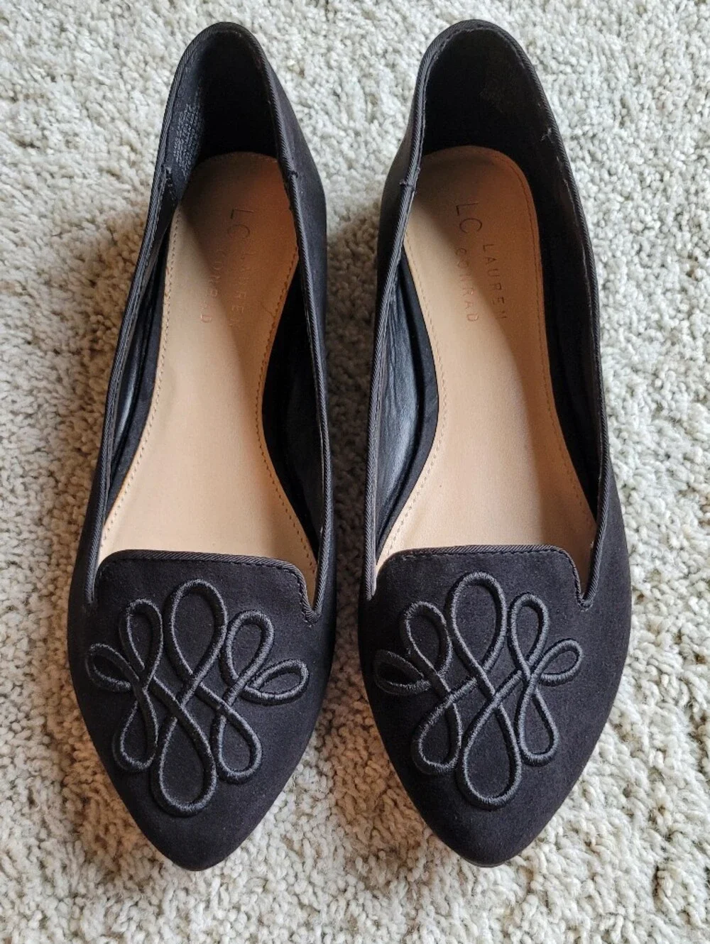Black Suede Style Pointed Toe Flats With Classic Decorative Stitching  7
